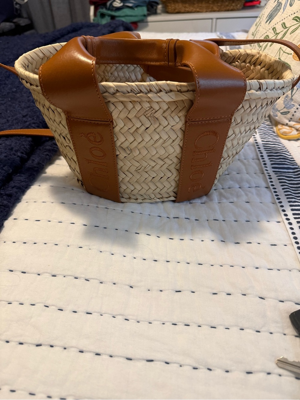 Chloé Raffia Basket Tote with Tan Leather Trim & Crossbody Strap